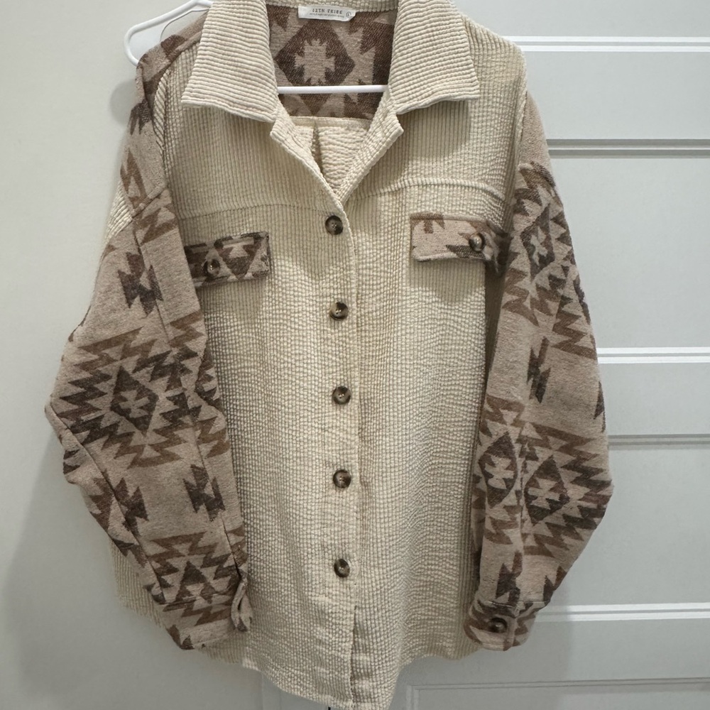 12th Tribe Cream and Brown Aztec Shacket